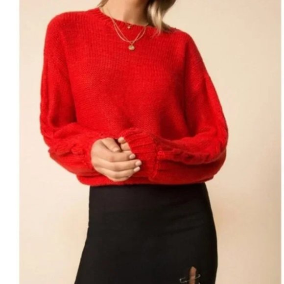 superdown Sweaters - Revolve's SUPERDOWN Red Oversized Chunky Knit Balloon Sleeve Cropped Sweater M